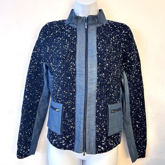 St. John Jackets & Blazers - ST JOHN Mixed Media Santana Knit and Chambray Trimmed Zippered Jacket Size S